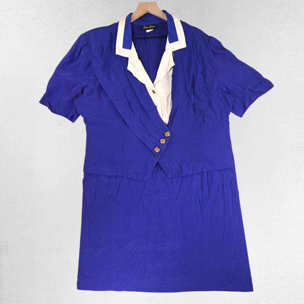 VTG Positive Influence Women 2XL Dress Blue Integr8d Vest Gold Button USA STAINS
